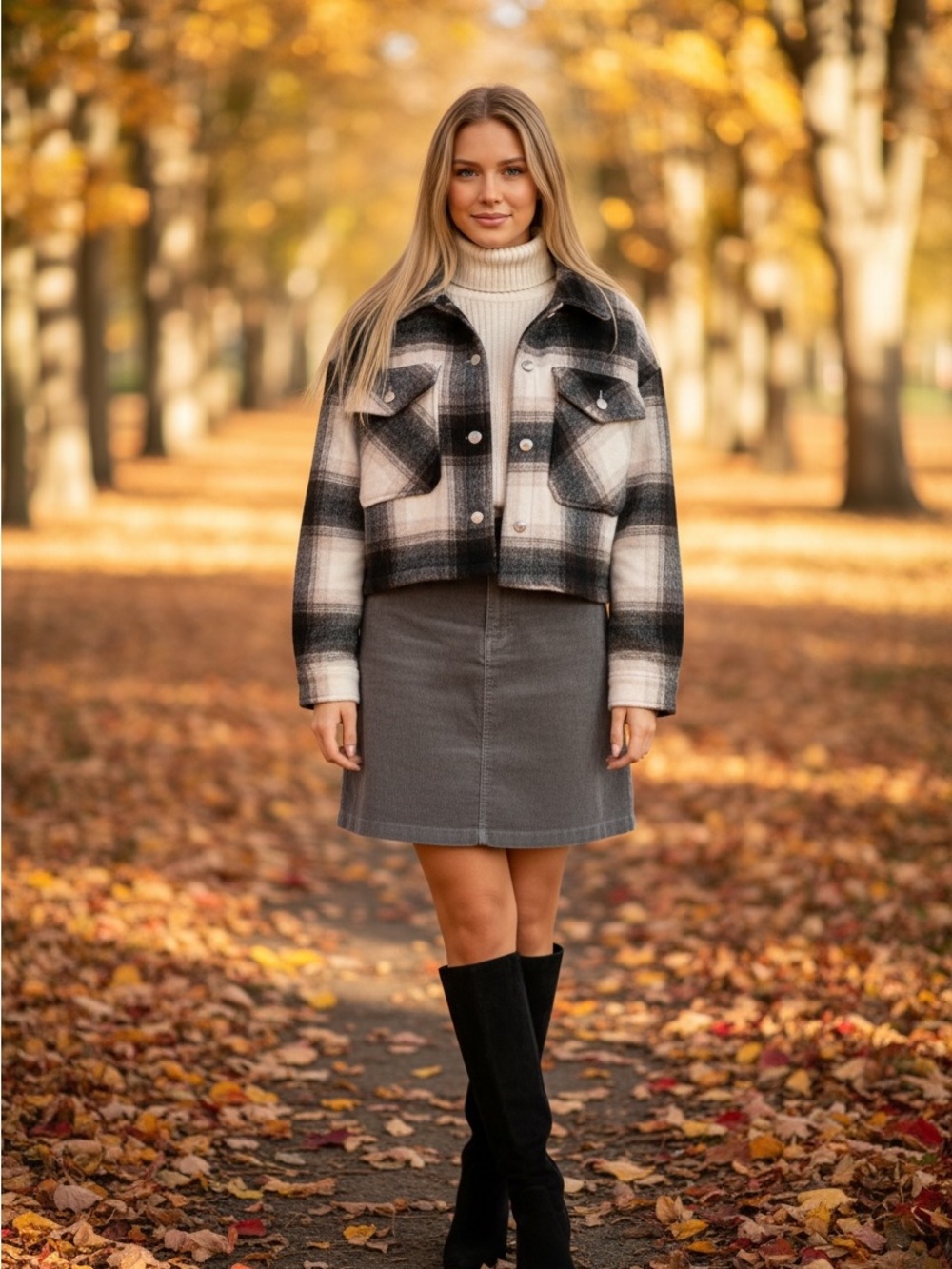 Ci Sono Plaid Collection Crop Shacket Flannel Coat Charcoal S